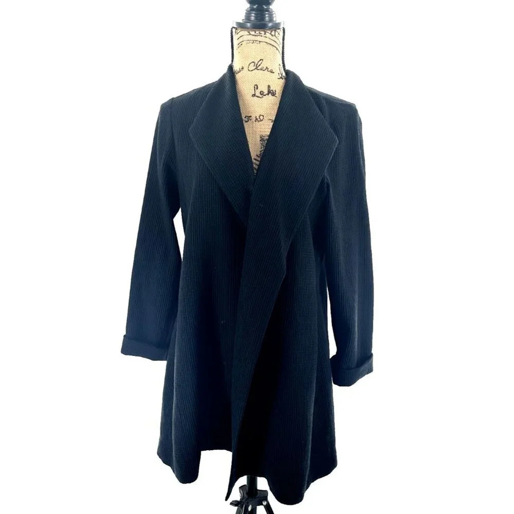 Eileen Fisher Blazer Women M Black Waffle Textured Cotton Blend Open Knit Jacket